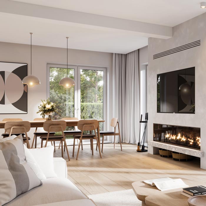 modern-styled living room with fireplace